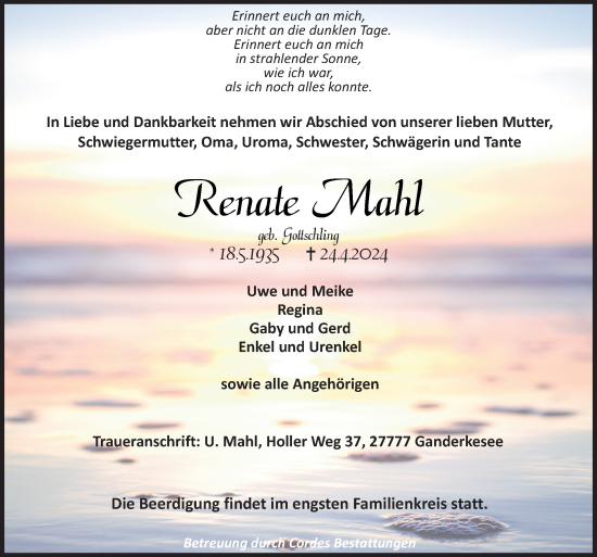 Traueranzeige von Renate Mahl von DK Medien GmbH & Co. KG