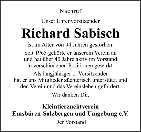 Traueranzeige von Richard Sabisch von Neue Osnabrücker Zeitung GmbH & Co. KG