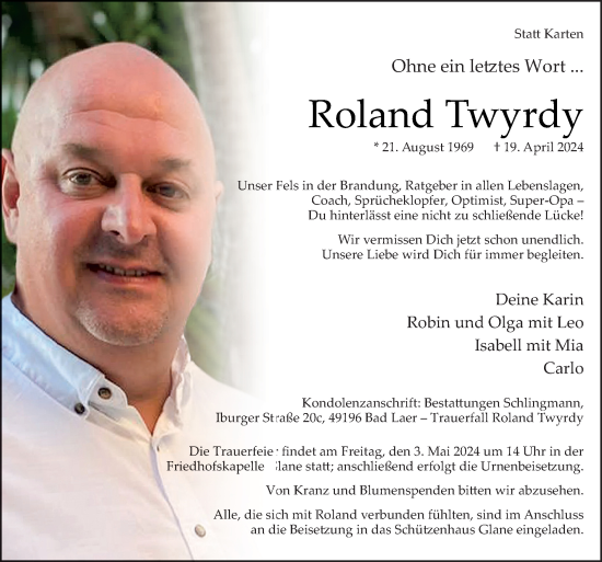 Traueranzeige von Roland Twyrdy von Neue Osnabrücker Zeitung GmbH & Co. KG