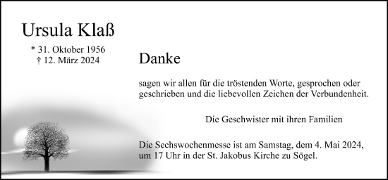 Traueranzeige von Ursula Klaß von Neue Osnabrücker Zeitung GmbH & Co. KG