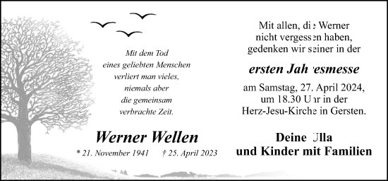 Traueranzeige von Werner Wellen von Neue Osnabrücker Zeitung GmbH & Co. KG