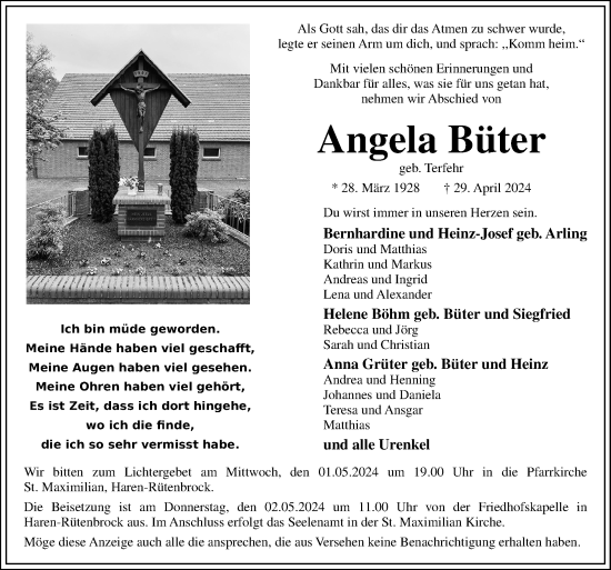 Traueranzeige von Angela Büter von Neue Osnabrücker Zeitung GmbH &amp; Co. KG