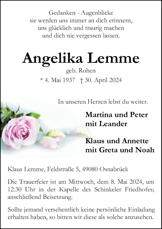 Traueranzeige von Angelika Lemme von Neue Osnabrücker Zeitung GmbH & Co. KG