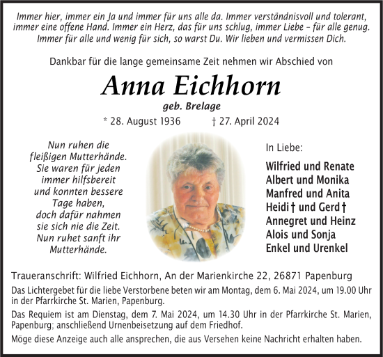 Traueranzeige von Anna Eichhorn von Neue Osnabrücker Zeitung GmbH & Co. KG