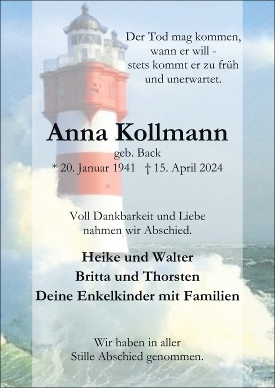 Traueranzeige von Anna Kollmann von Neue Osnabrücker Zeitung GmbH & Co. KG