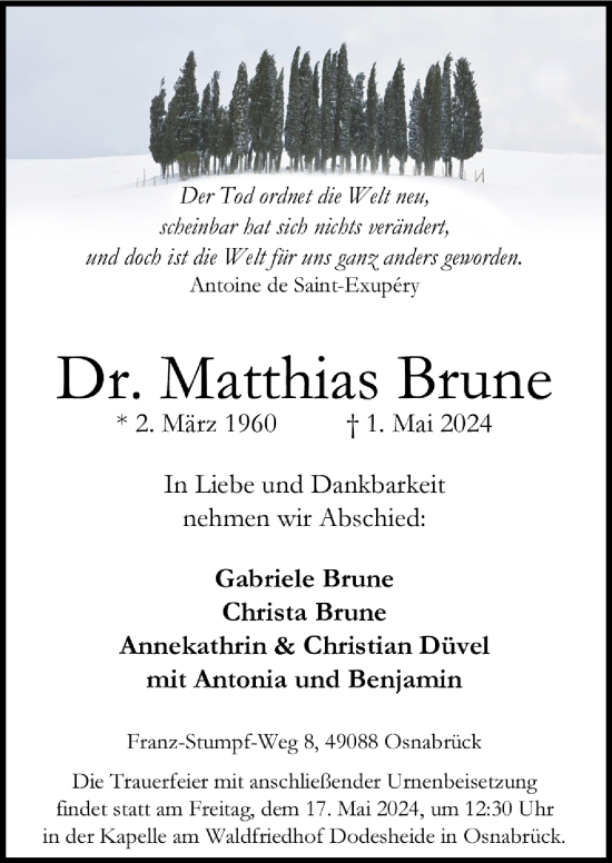 Traueranzeige von Matthias Brune von Neue Osnabrücker Zeitung GmbH & Co. KG