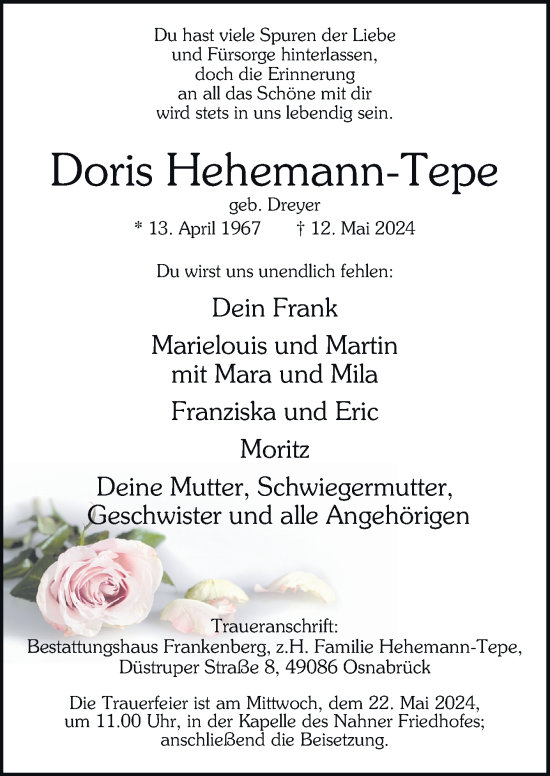 Traueranzeige von Doris Hehemann-Tepe von Neue Osnabrücker Zeitung GmbH & Co. KG