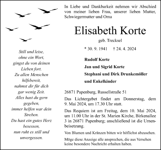 Traueranzeige von Elisabeth Korte von Neue Osnabrücker Zeitung GmbH & Co. KG