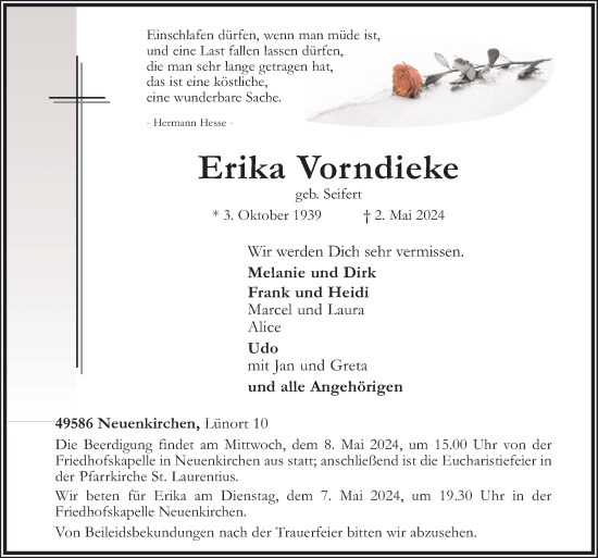 Traueranzeige von Erika Vorndieke von Neue Osnabrücker Zeitung GmbH & Co. KG