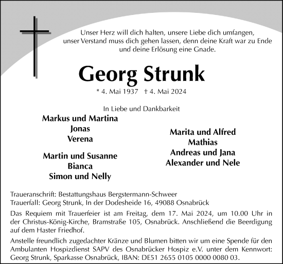 Traueranzeige von Georg Strunk von Neue Osnabrücker Zeitung GmbH & Co. KG