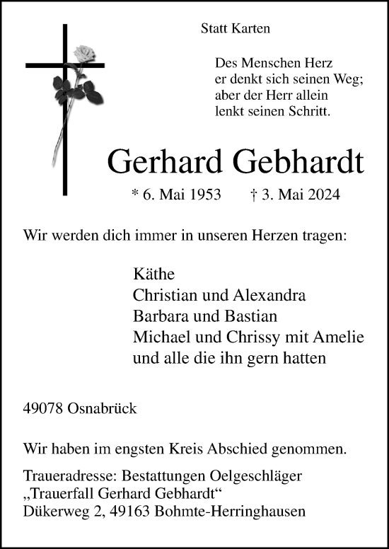 Traueranzeige von Gerhard Gebhardt von Neue Osnabrücker Zeitung GmbH & Co. KG