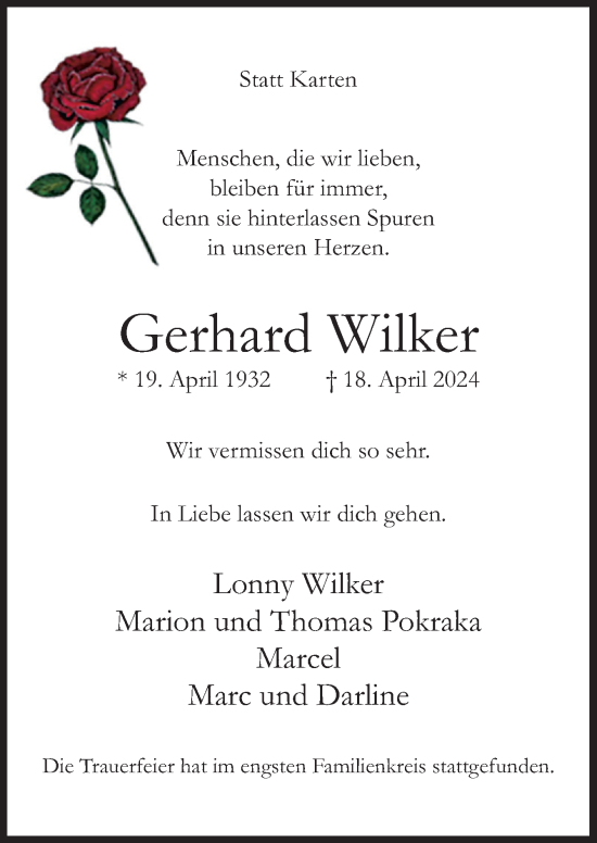 Traueranzeige von Gerhard Wilker von Neue Osnabrücker Zeitung GmbH & Co. KG