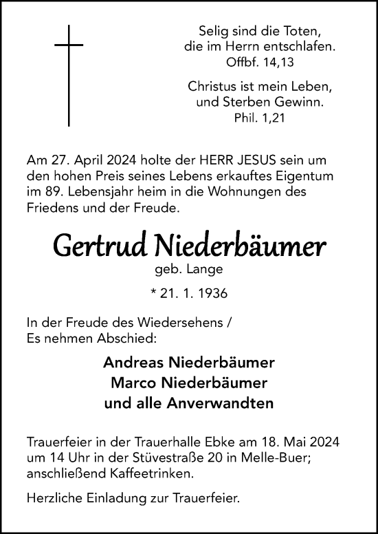 Traueranzeige von Gertrud Niederbäumer von Neue Osnabrücker Zeitung GmbH & Co. KG