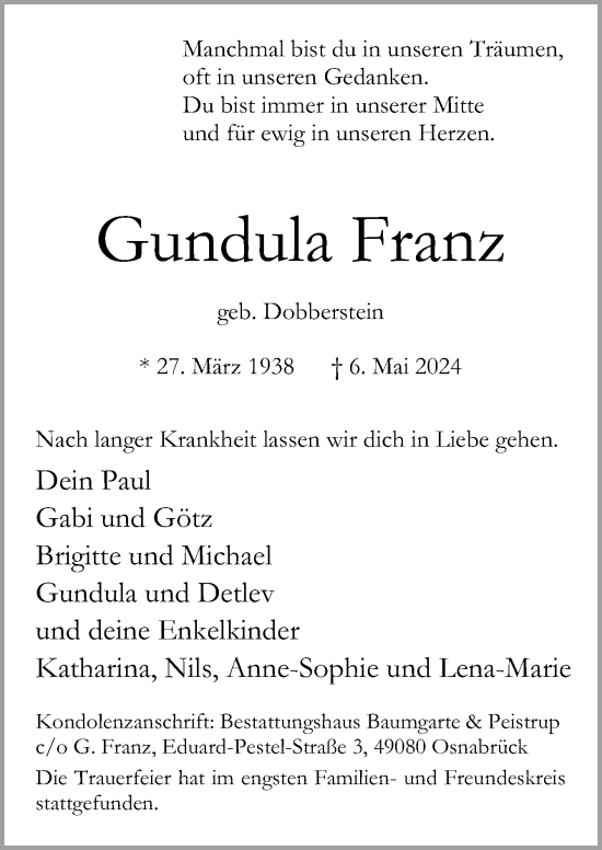 Traueranzeige von Gundula Franz von Neue Osnabrücker Zeitung GmbH & Co. KG