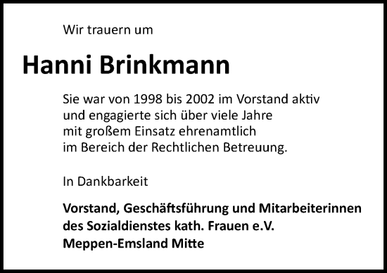 Traueranzeige von Hanni Brinkmann von Neue Osnabrücker Zeitung GmbH & Co. KG