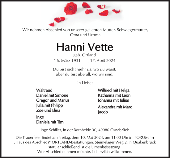 Traueranzeige von Hanni Vette von Neue Osnabrücker Zeitung GmbH & Co. KG