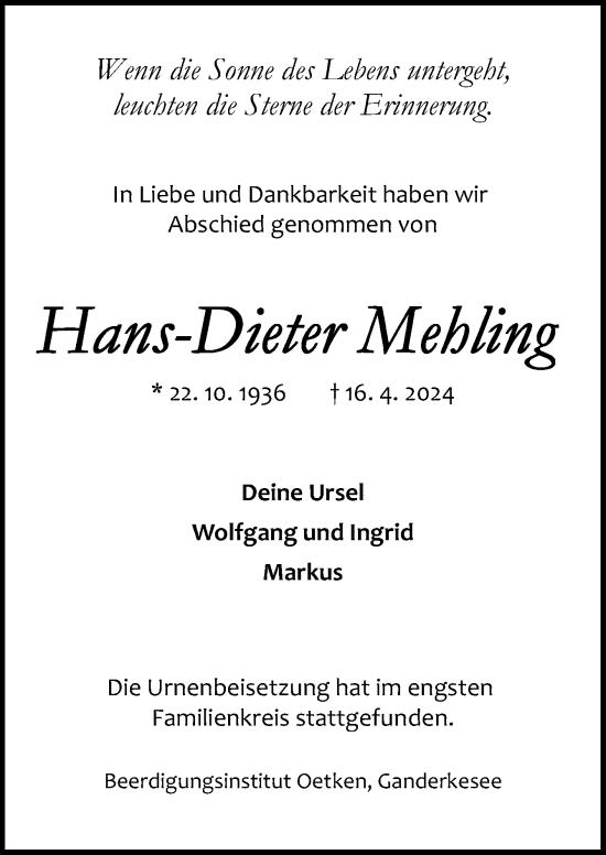 Traueranzeige von Hans-Dieter Mehling von DK Medien GmbH & Co. KG