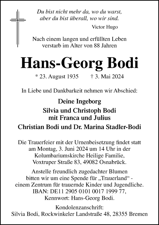 Traueranzeige von Hans-Georg Bodi von Neue Osnabrücker Zeitung GmbH & Co. KG