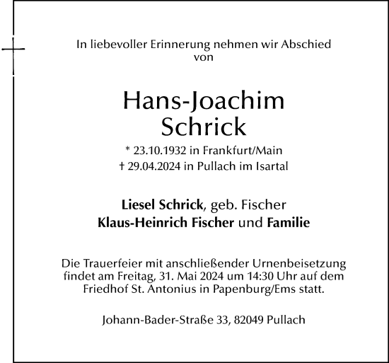 Traueranzeige von Hans-Joachim Schrick von Neue Osnabrücker Zeitung GmbH & Co. KG
