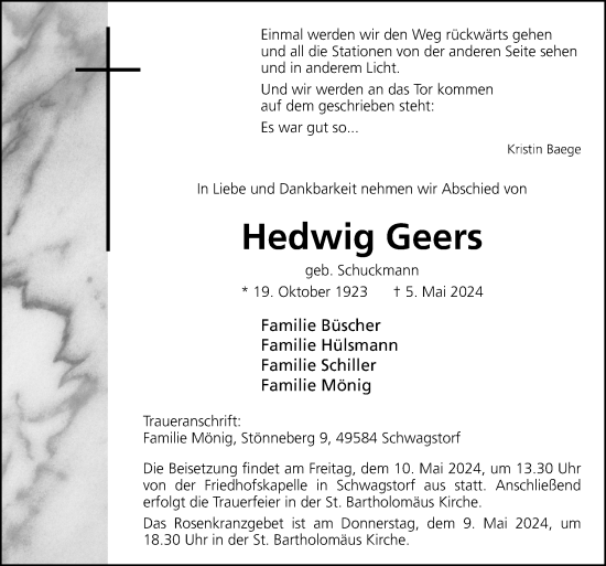 Traueranzeige von Hedwig Geers von Neue Osnabrücker Zeitung GmbH & Co. KG