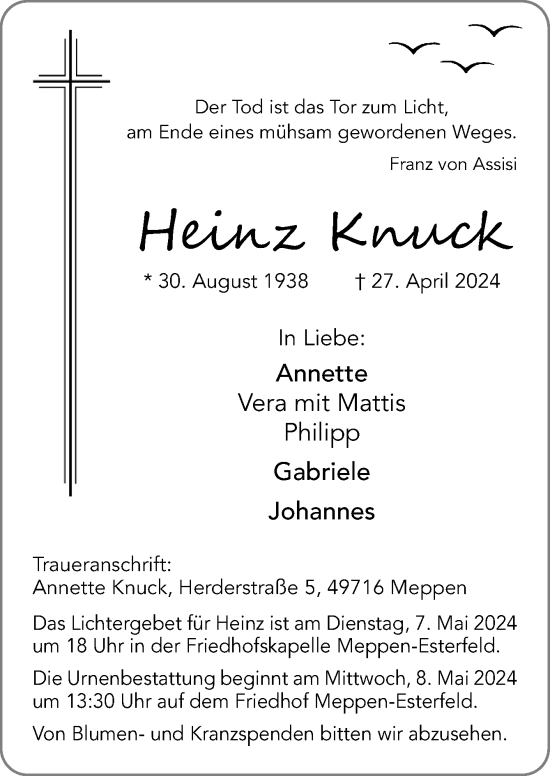 Traueranzeige von Heinz Knuck von Neue Osnabrücker Zeitung GmbH & Co. KG