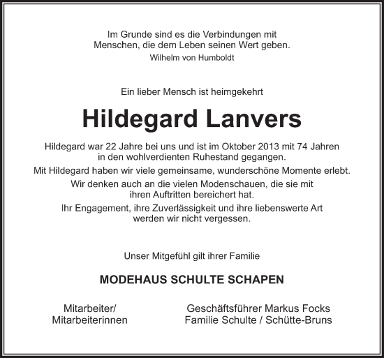 Traueranzeige von Hildegard Lanvers von Neue Osnabrücker Zeitung GmbH & Co. KG