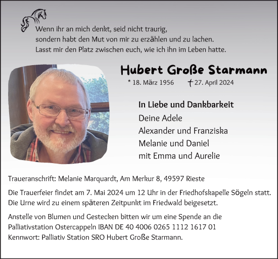 Traueranzeige von Hubert Große Starmann von Neue Osnabrücker Zeitung GmbH & Co. KG