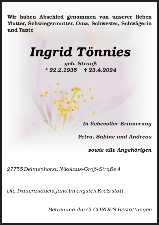 Traueranzeige von Ingrid Tönnies von DK Medien GmbH & Co. KG