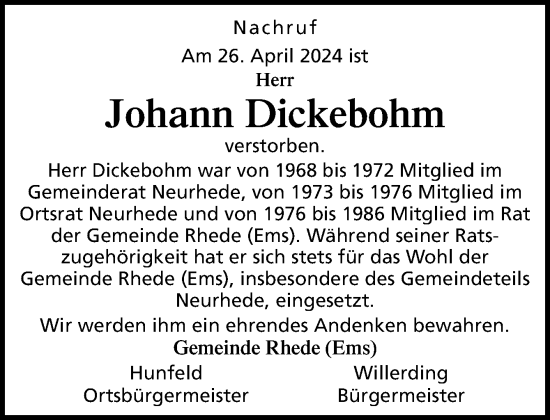 Traueranzeige von Johann Dickebohm von Neue Osnabrücker Zeitung GmbH & Co. KG