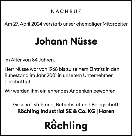 Traueranzeige von Johann Nüsse von Neue Osnabrücker Zeitung GmbH &amp; Co. KG