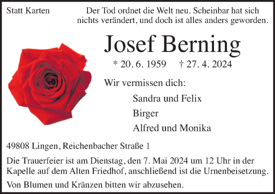 Traueranzeige von Josef Berning von Neue Osnabrücker Zeitung GmbH & Co. KG