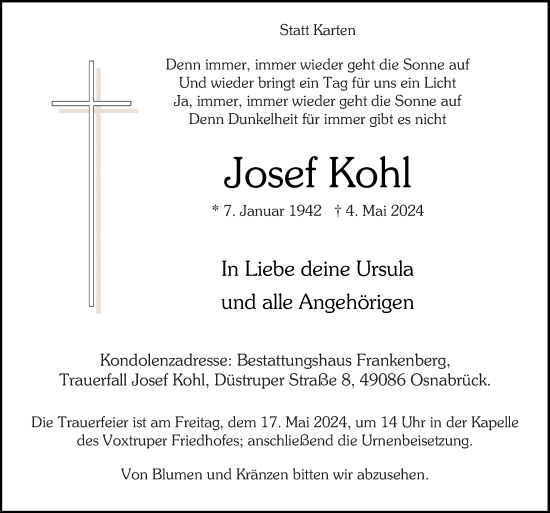 Traueranzeige von Josef Kohl von Neue Osnabrücker Zeitung GmbH & Co. KG