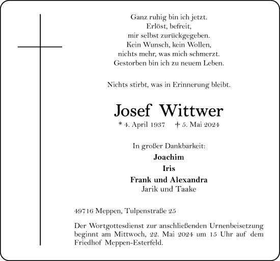 Traueranzeige von Josef Wittwer von Neue Osnabrücker Zeitung GmbH & Co. KG