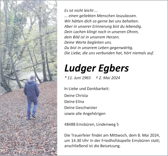 Traueranzeige von Ludger Egbers von Neue Osnabrücker Zeitung GmbH & Co. KG