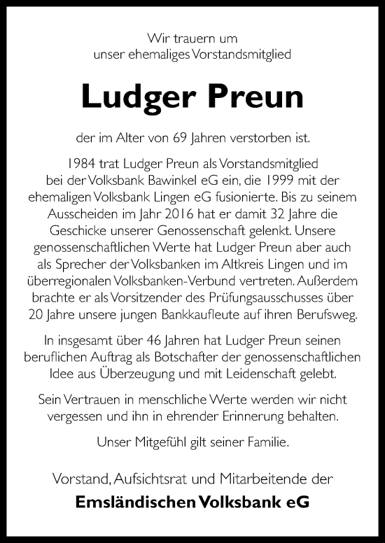 Traueranzeige von Ludger Preun von Neue Osnabrücker Zeitung GmbH & Co. KG