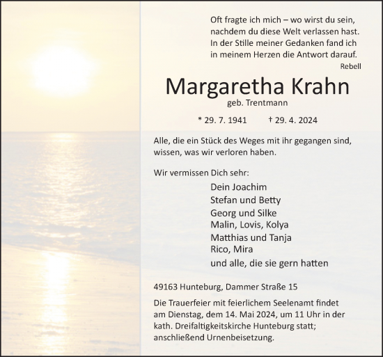 Traueranzeige von Margaretha Krahn von Neue Osnabrücker Zeitung GmbH & Co. KG