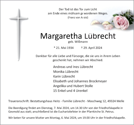 Traueranzeige von Margaretha Lübrecht von Neue Osnabrücker Zeitung GmbH & Co. KG