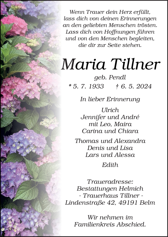 Traueranzeige von Maria Tillner von Neue Osnabrücker Zeitung GmbH & Co. KG