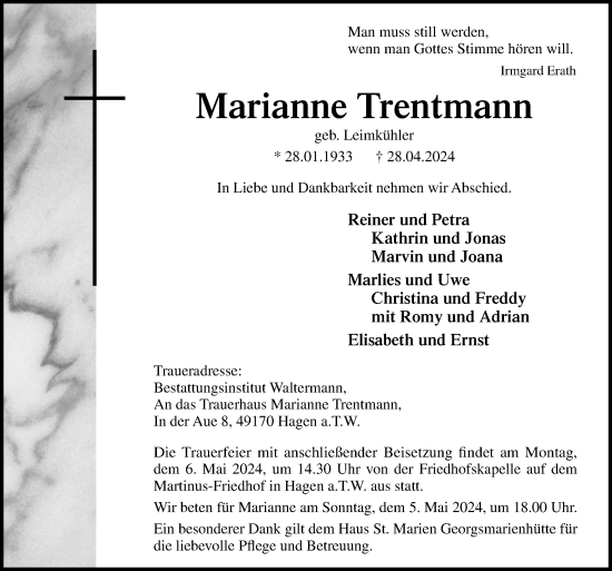 Traueranzeige von Marianne Trentmann von Neue Osnabrücker Zeitung GmbH & Co. KG
