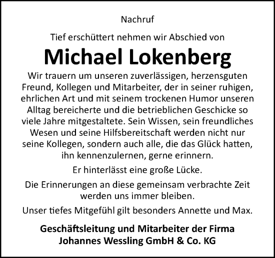 Traueranzeige von Michael Lokenberg von Neue Osnabrücker Zeitung GmbH & Co. KG