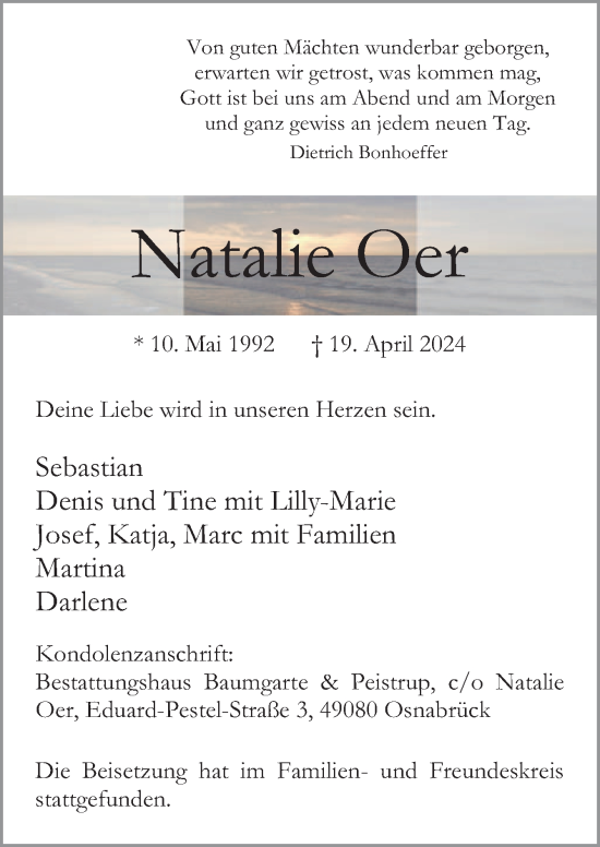 Traueranzeige von Natalie Oer von Neue Osnabrücker Zeitung GmbH & Co. KG