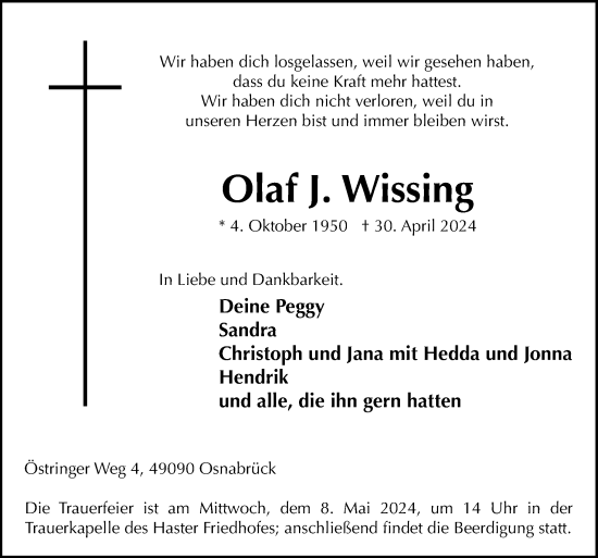 Traueranzeige von Olaf J. Wissing von Neue Osnabrücker Zeitung GmbH & Co. KG