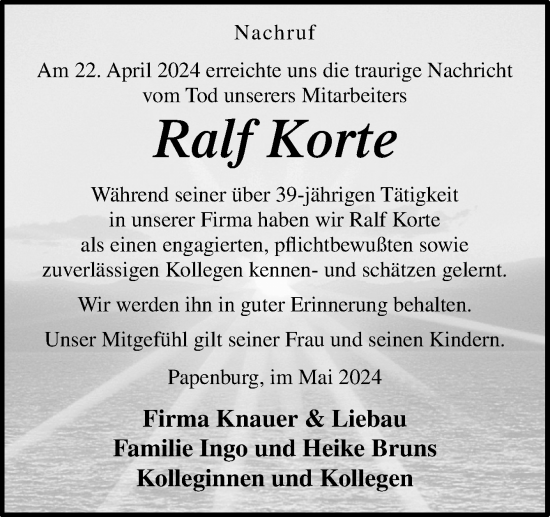 Traueranzeige von Ralf Korte von Neue Osnabrücker Zeitung GmbH & Co. KG