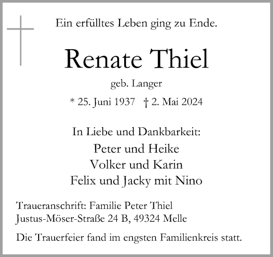Traueranzeige von Renate Thiel von Neue Osnabrücker Zeitung GmbH & Co. KG