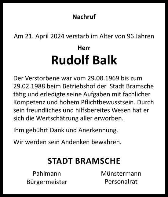 Traueranzeige von Rudolf Balk von Neue Osnabrücker Zeitung GmbH & Co. KG
