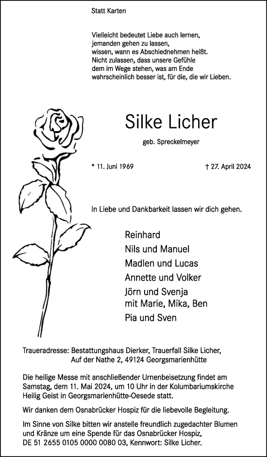 Traueranzeige von Silke Licher von Neue Osnabrücker Zeitung GmbH & Co. KG