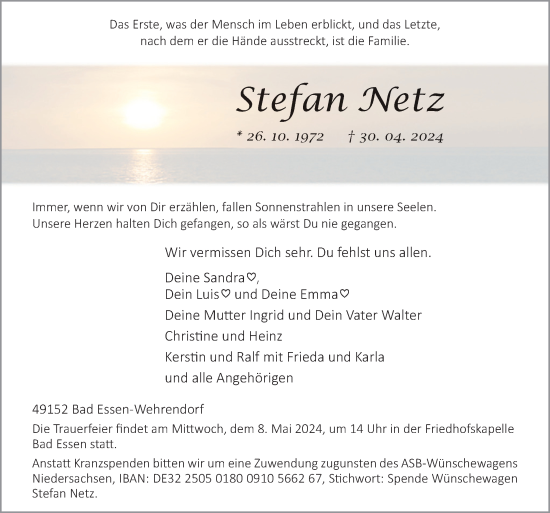 Traueranzeige von Stefan Netz von Neue Osnabrücker Zeitung GmbH & Co. KG