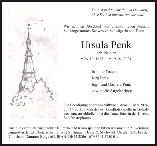 Traueranzeige von Ursula Penk von Neue Osnabrücker Zeitung GmbH & Co. KG