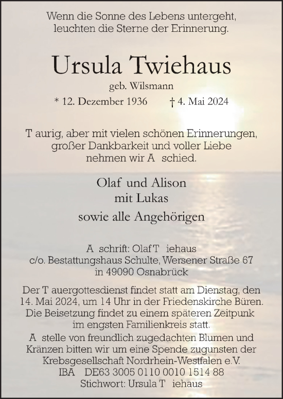 Traueranzeige von Ursula Twiehaus von Neue Osnabrücker Zeitung GmbH & Co. KG