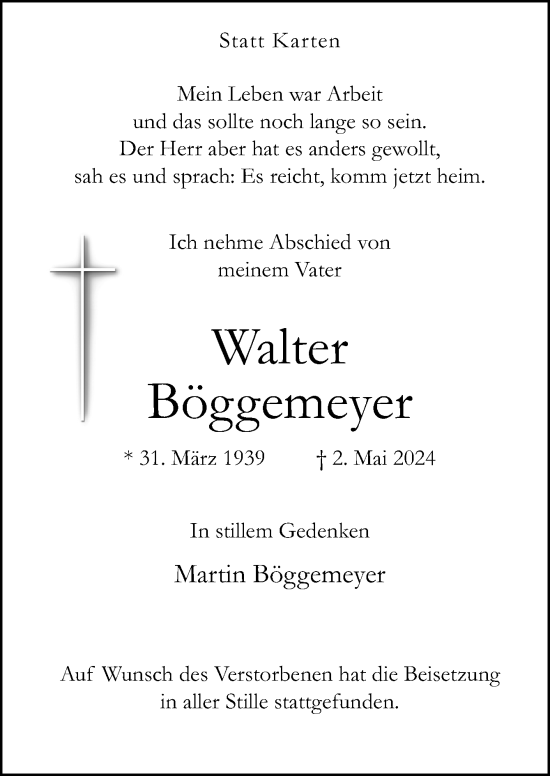 Traueranzeige von Walter Böggemeyer von Neue Osnabrücker Zeitung GmbH & Co. KG